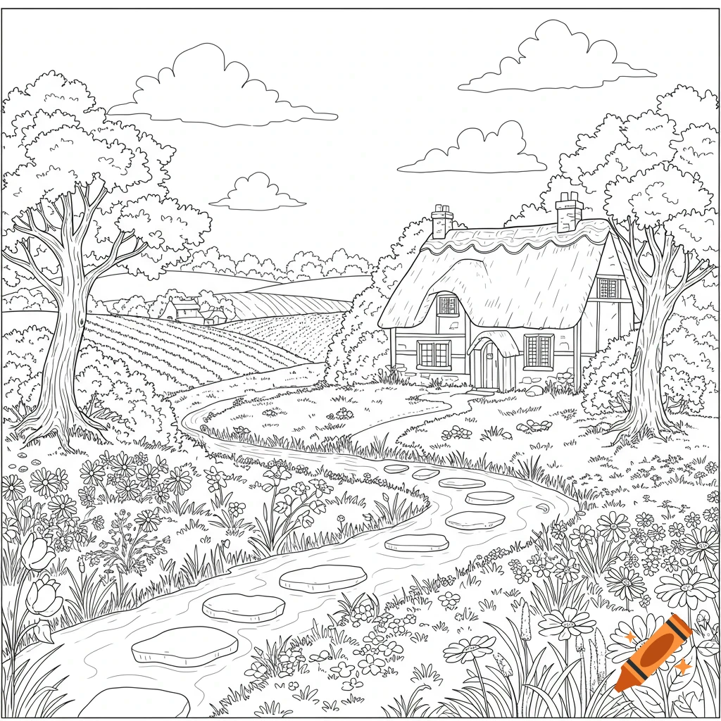 A black and white line drawing for a coloring page featuring a picturesque countryside, a thatched cottage, winding path, and fields.