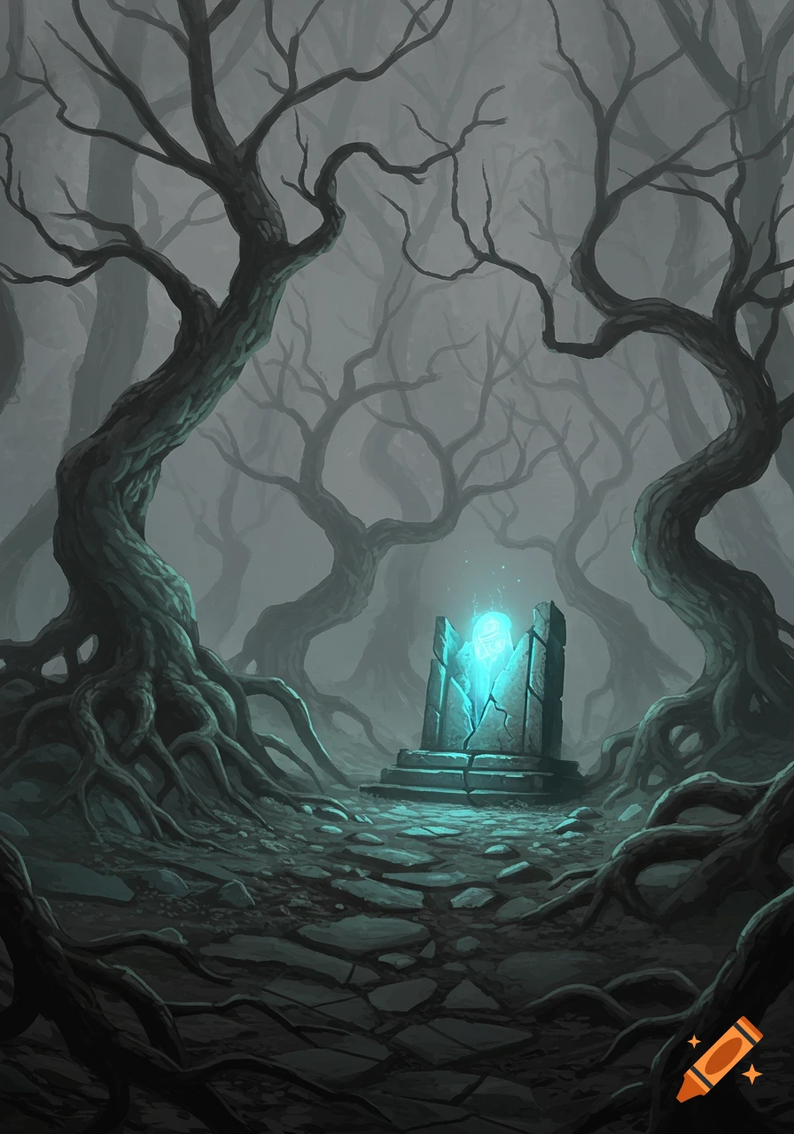 A dark, foggy forest with gnarled, twisted trees and roots surrounding a glowing, cracked stone monument emitting a blue light.