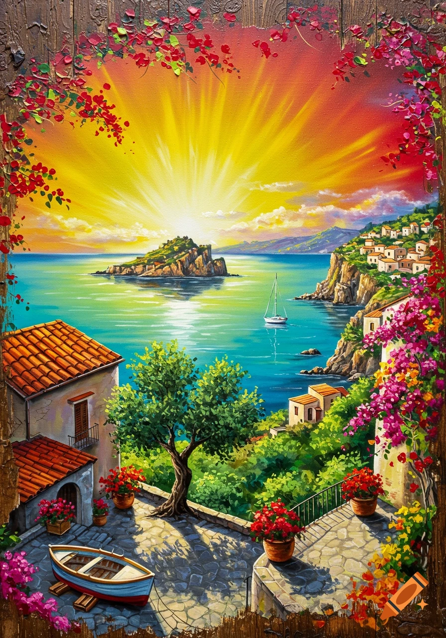 A vibrant, textured painting of a Mediterranean coastal village at sunset with a sailboat on the sea, lush bougainvillea, and an olive tree.