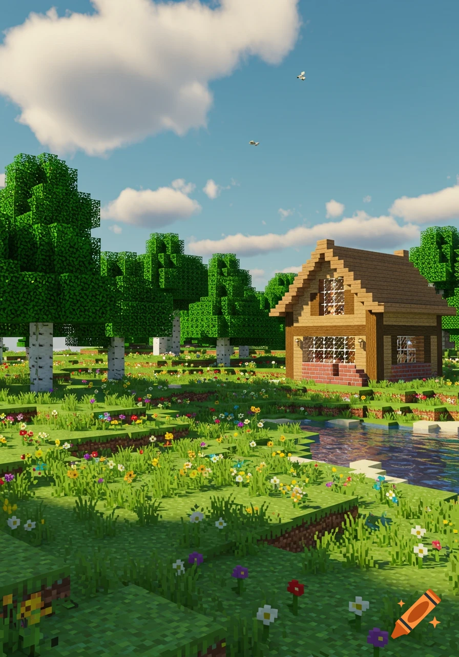 A vibrant pixelated Minecraft-style landscape featuring a wooden cabin, lush green trees, colorful flowers, and a small river under a bright blue sky with white clouds.