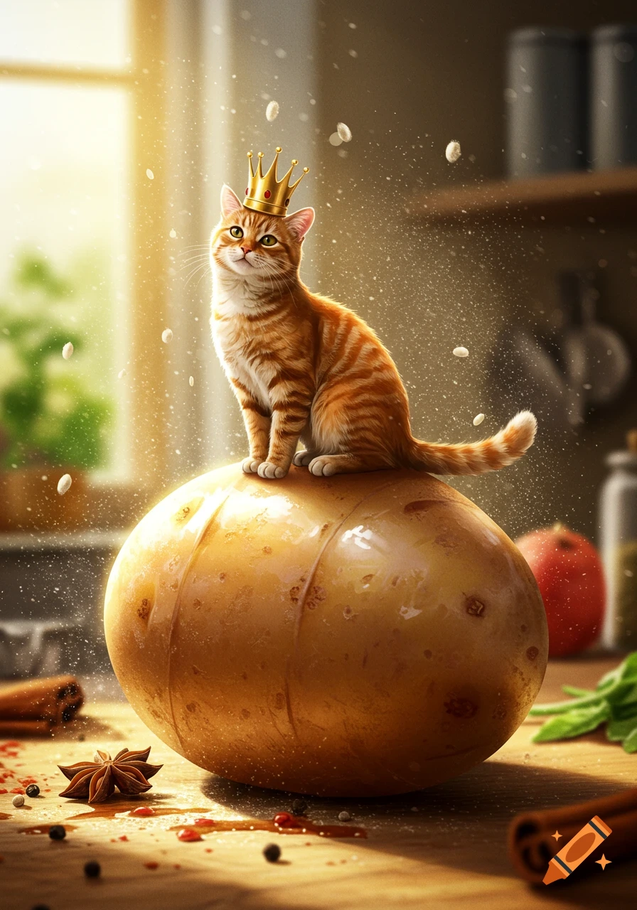 An adorable orange tabby cat wearing a tiny gold crown sits atop a giant potato on a wooden kitchen counter, bathed in sunlight.