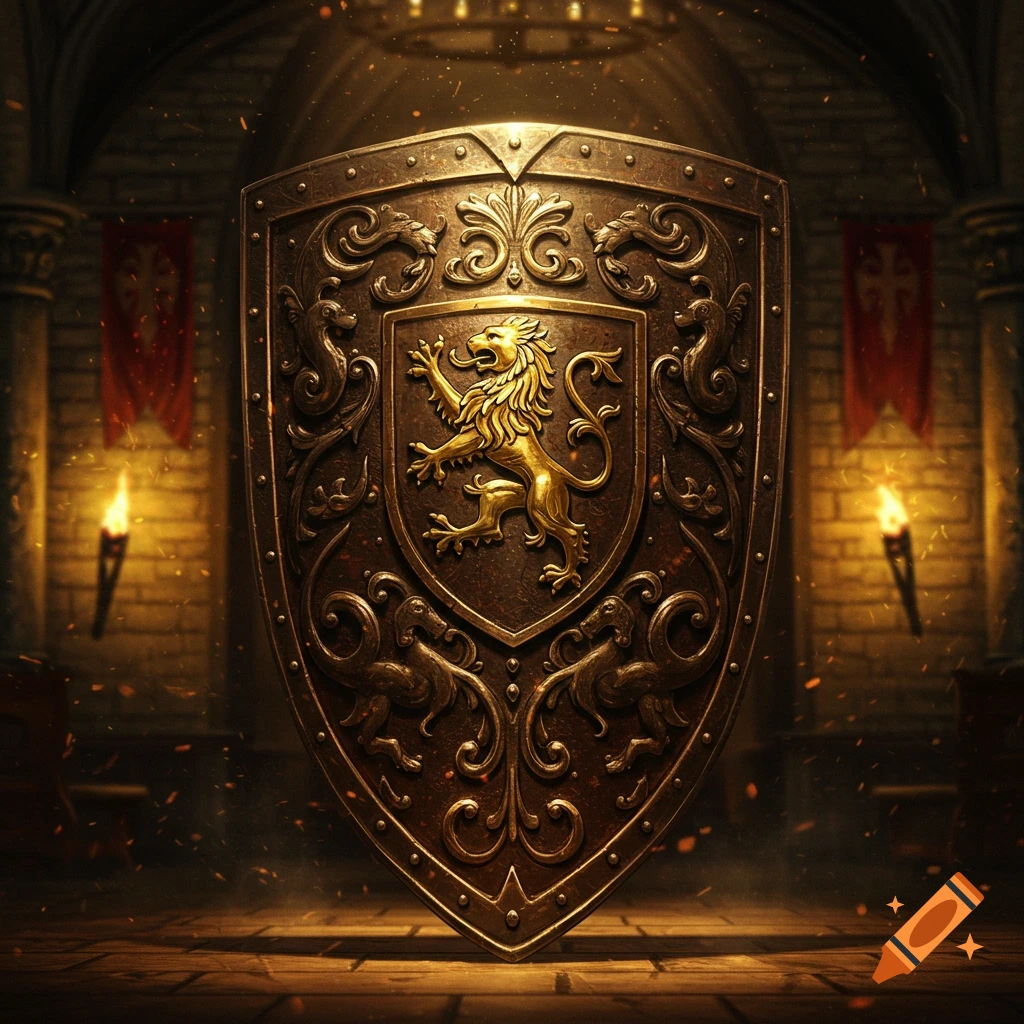 Ornate bronze medieval shield with a golden lion emblem in a torch-lit castle hall.
