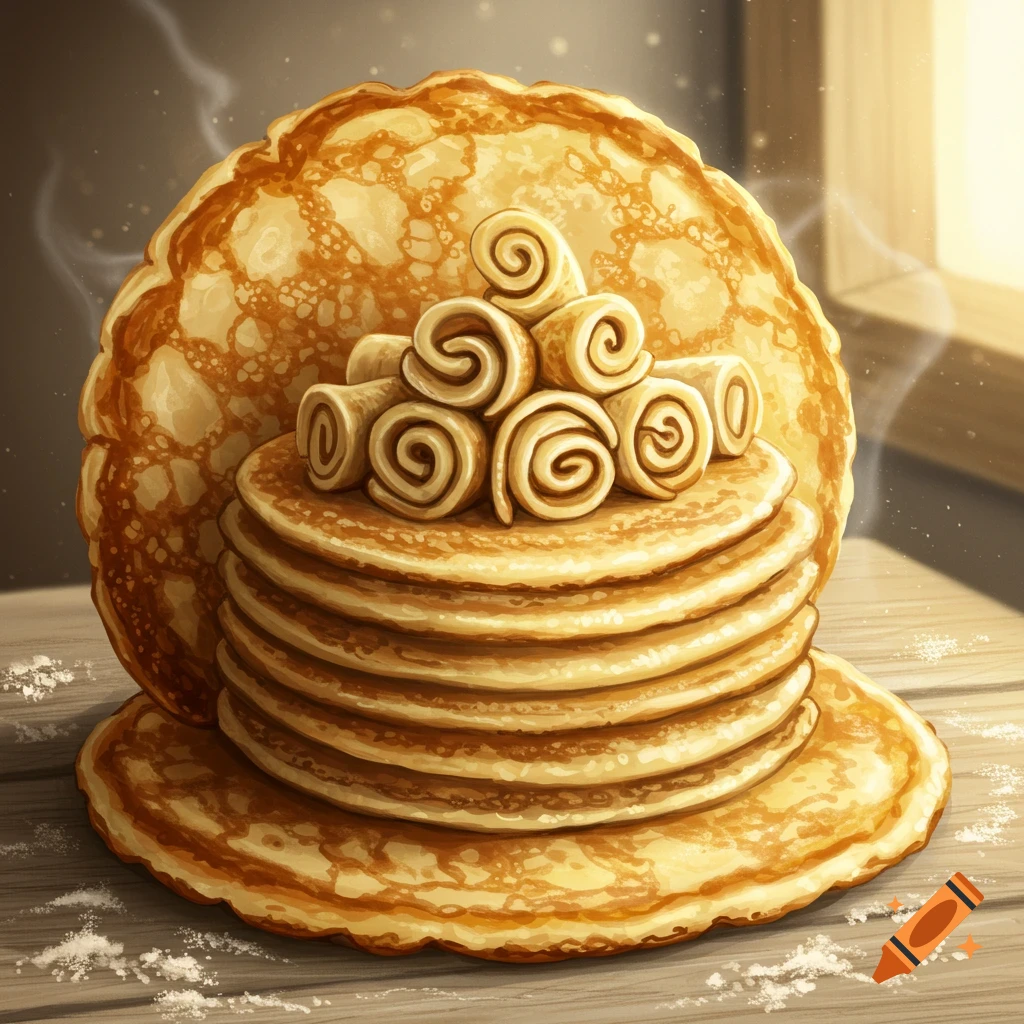 A stack of golden pancakes topped with rolled pancakes, emitting steam on a wooden table near a sunlit window.