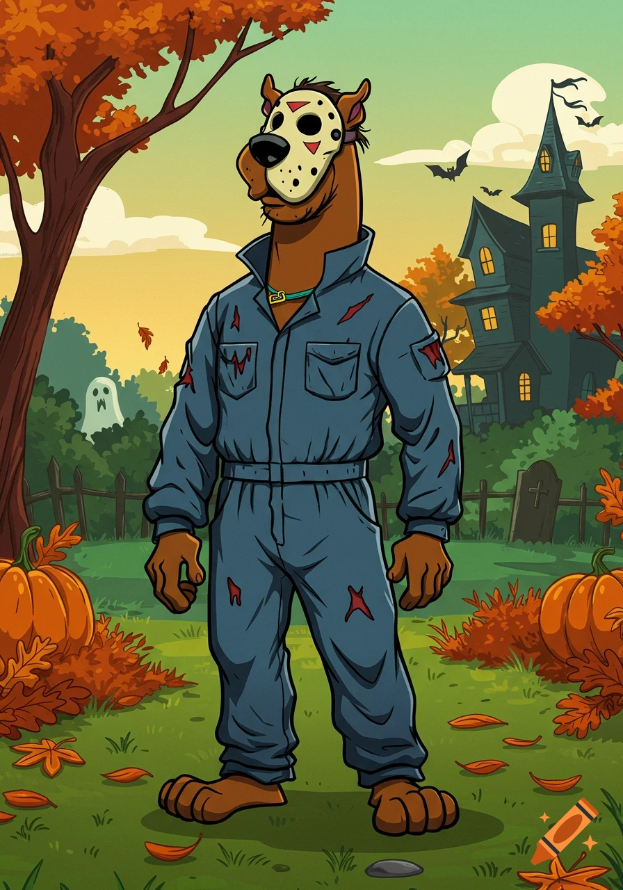 Cartoon Scooby Doo wearing a Michael Myers costume and Jason mask in a spooky autumn landscape with a haunted house.