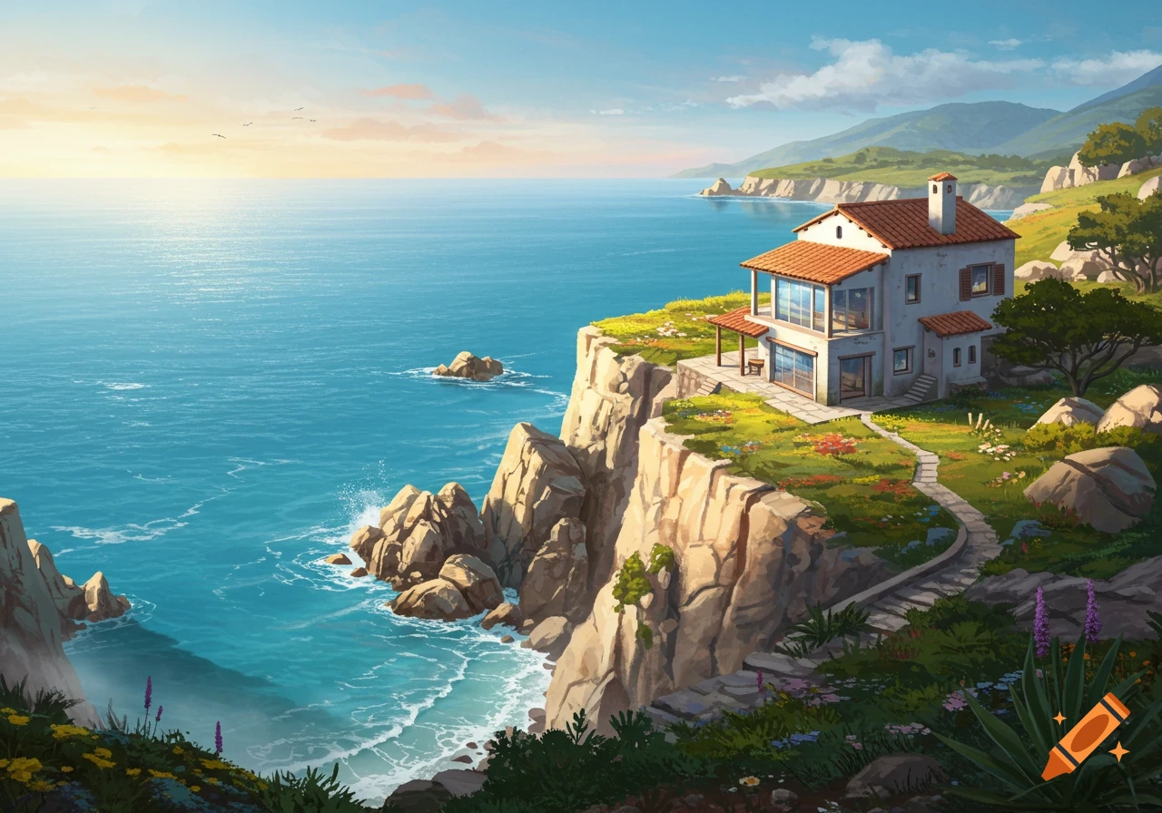 An illustrated house with a red roof on a cliff overlooking a vibrant blue sea and a sunny landscape.