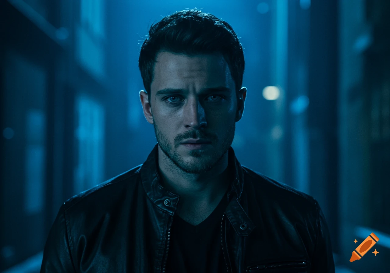 A determined man in a black leather jacket, with a light beard and dark hair, stands in a dark alley with blue light.