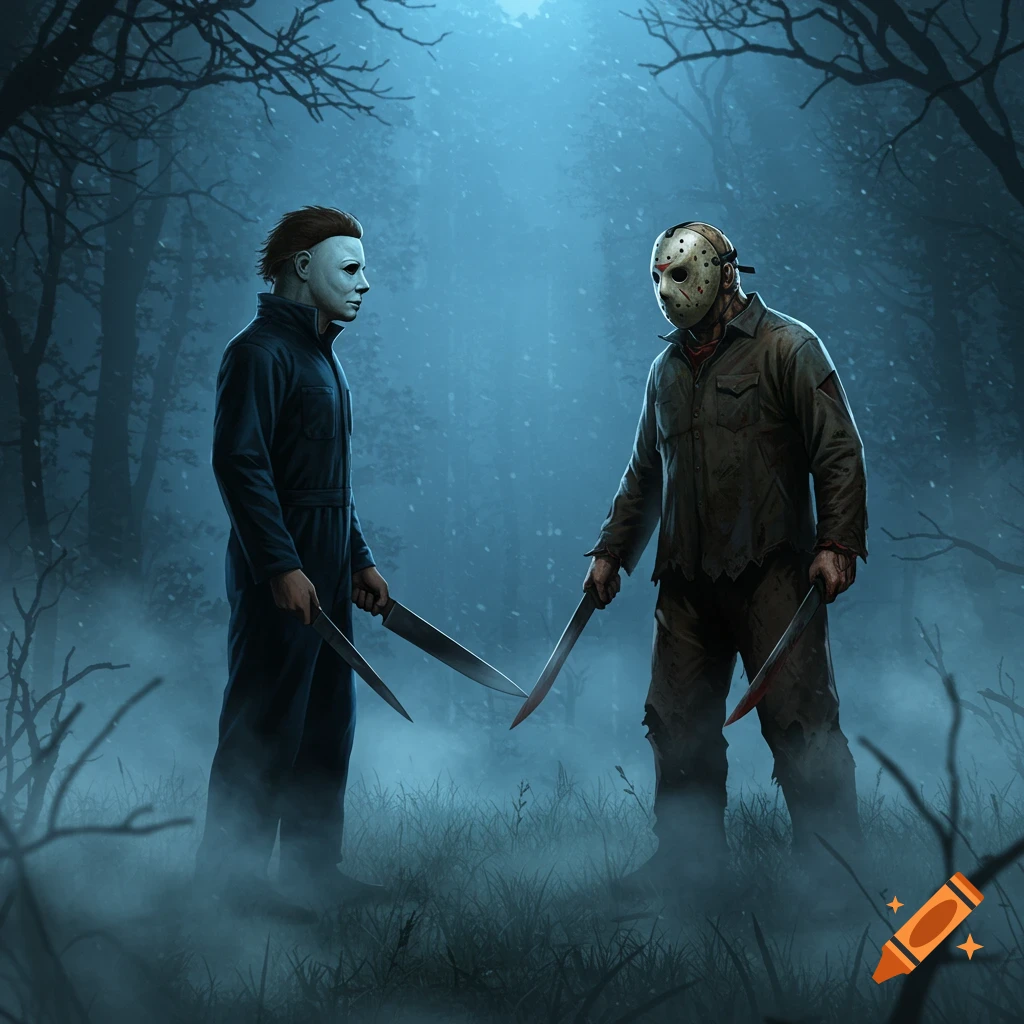 Digital illustration of Michael Myers and Jason Voorhees standing with knives in a misty, dark forest.