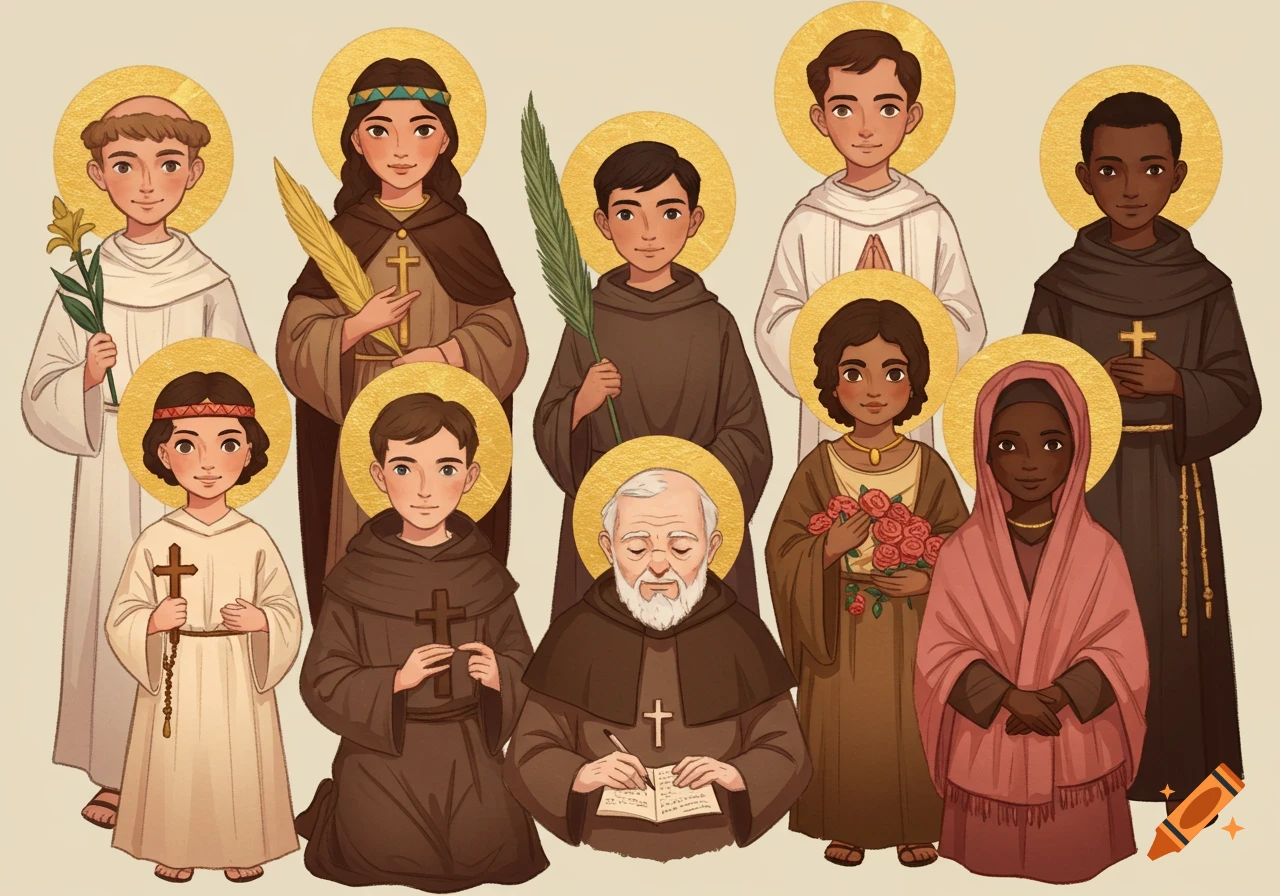 A group of modern full-body cartoon saints, including children and adults of various ethnicities, on a neutral background.