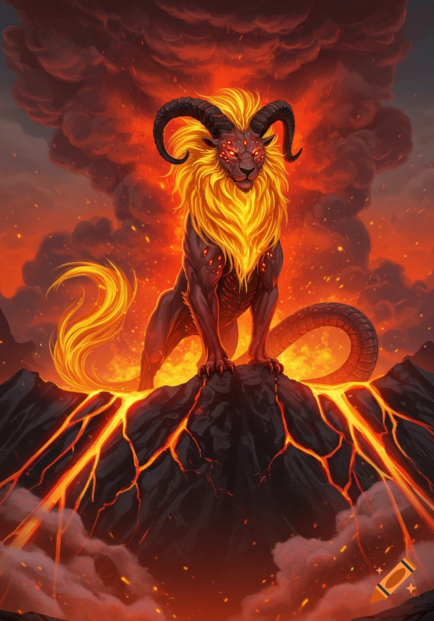 A fiery mythical beast with horns and a golden mane stands on a lava-cracked mountain, surrounded by volcanic smoke and embers.