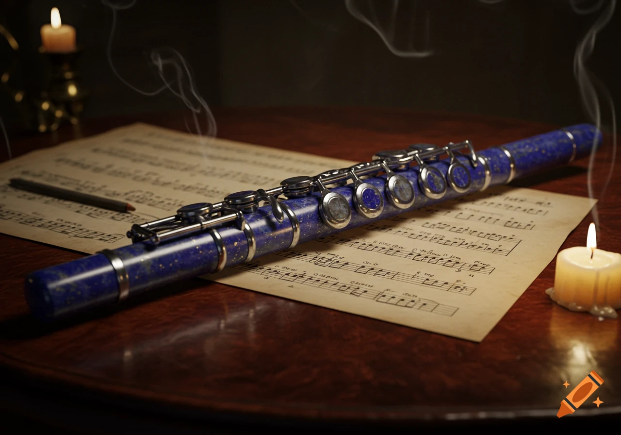 A lapis lazuli flute rests on sheet music next to flickering candles on a dark wooden table.