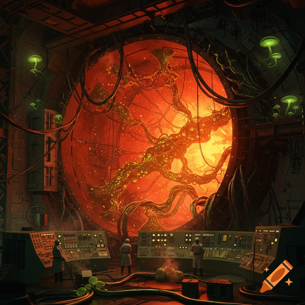 Engineers in a dark, retro-futuristic control room observe a massive, glowing red nuclear reactor core intertwined with organic biomass.