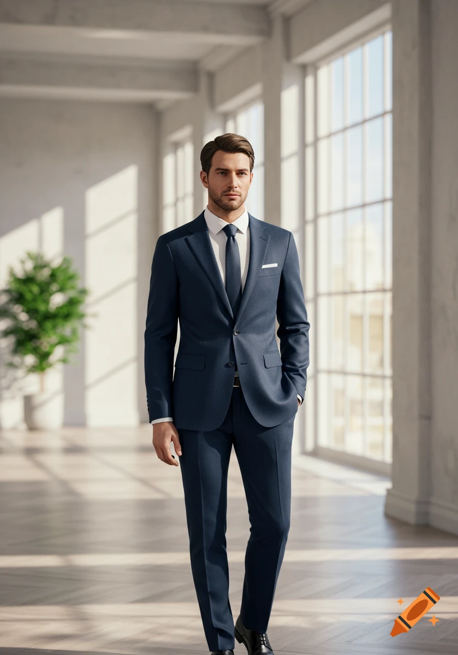 Photorealistic image of an elegant man in a navy blue suit, white shirt, and dark tie, standing confidently in a bright, modern office.