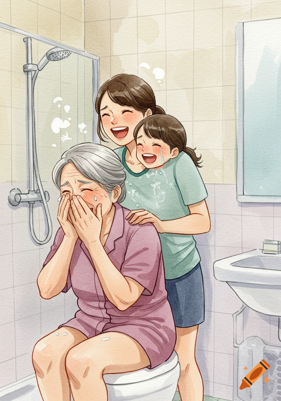 Watercolor illustration of a grandmother on a toilet laughing with her daughter and granddaughter in a bathroom.
