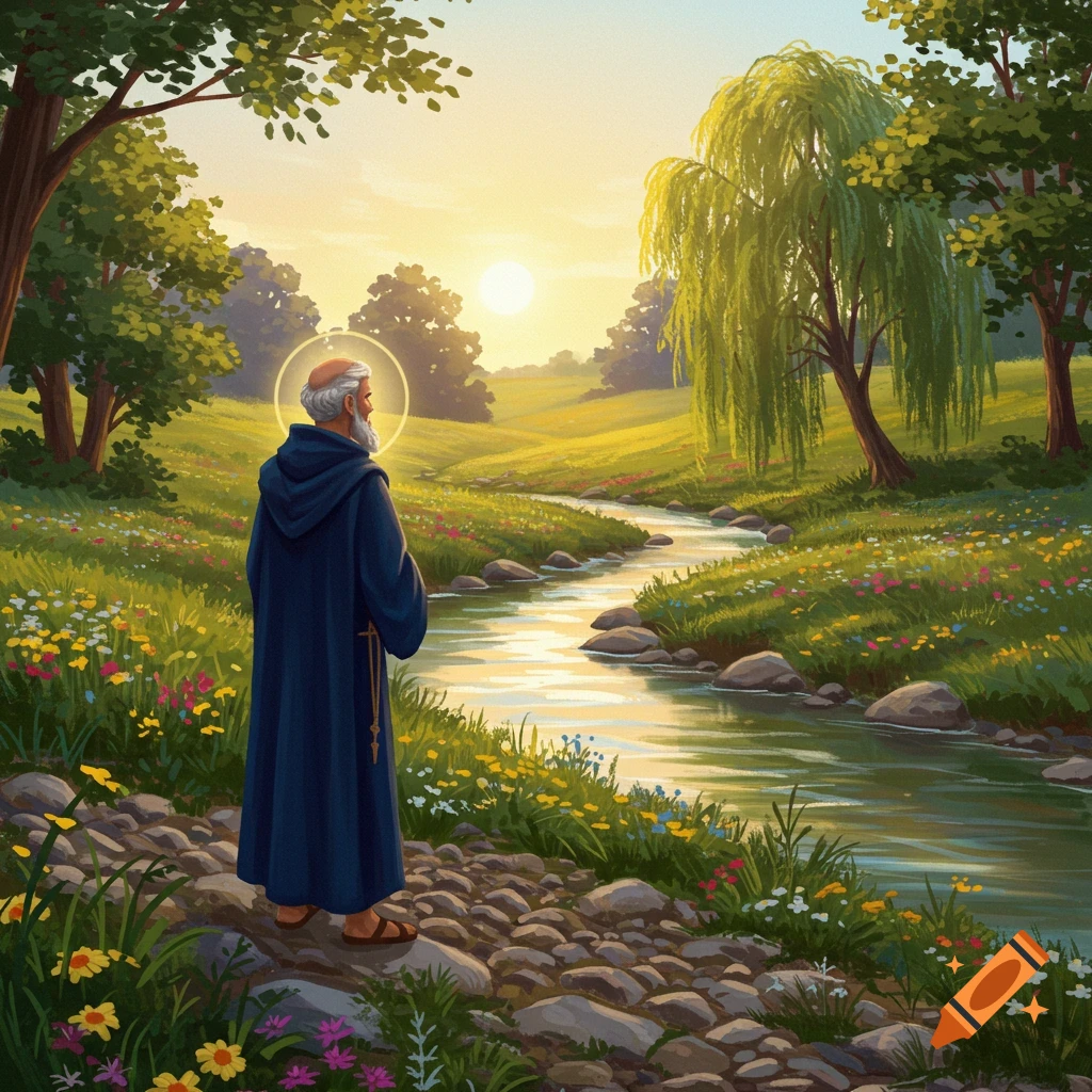 A robed Christian saint with a halo stands on a rocky path beside a winding stream in a vibrant, flowery landscape at sunrise, in a digital painting style.