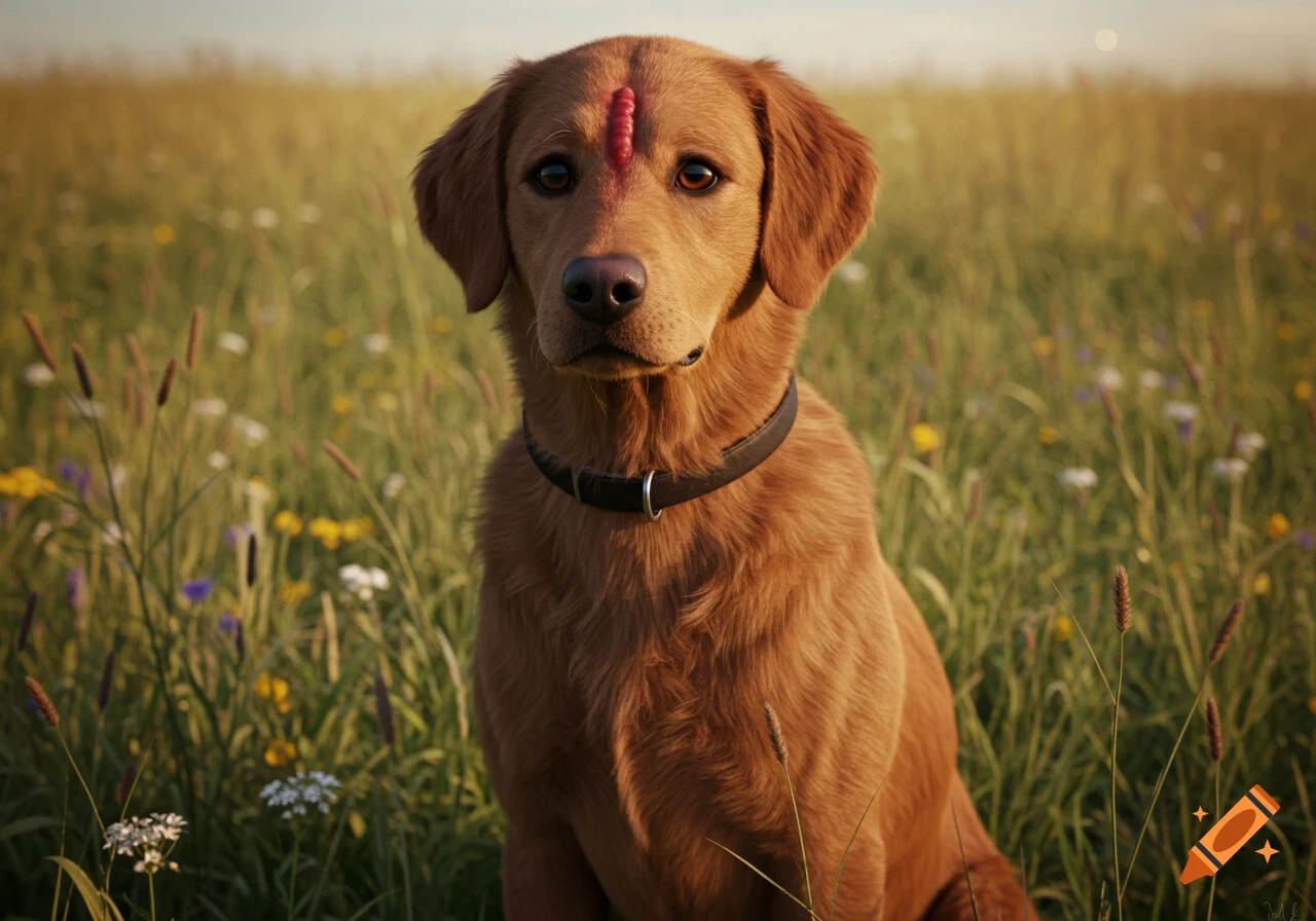 A brown golden retriever dog with a black collar and a red lump on its forehead sits in a sunlit grassy field with wildflowers.