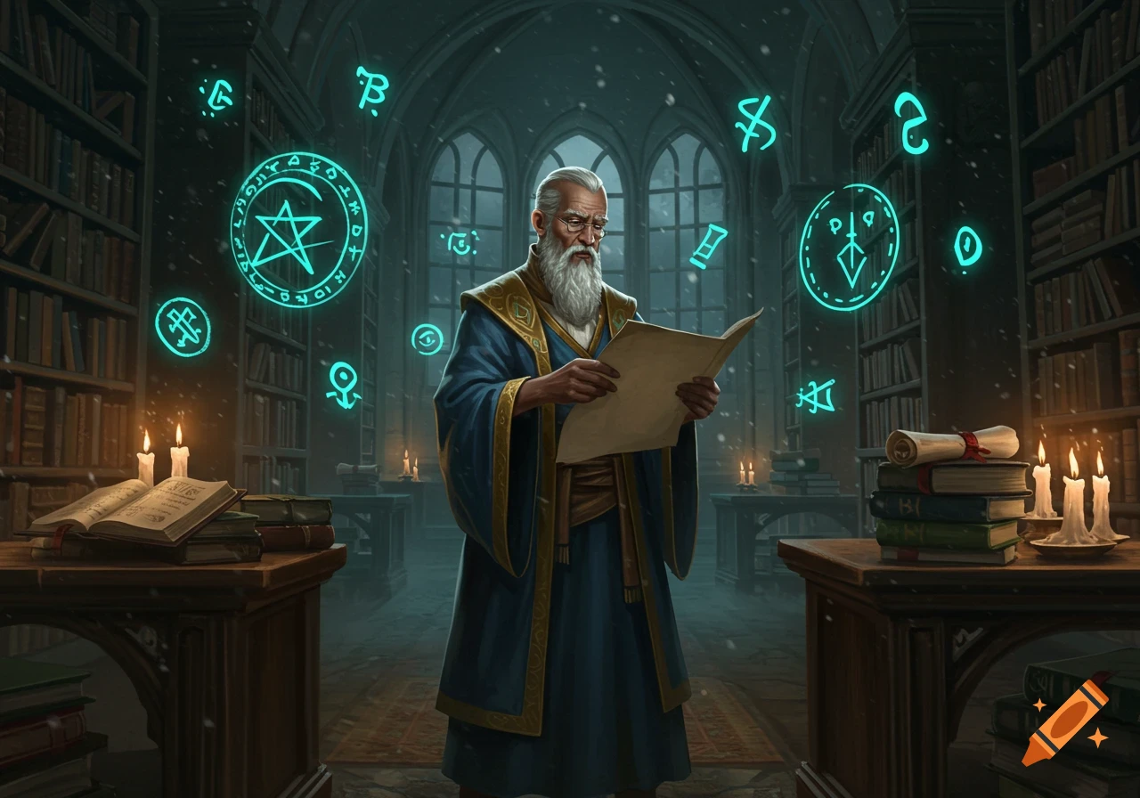 A wizardly old man with a long white beard and blue robes reads a scroll in a dimly lit magical library with glowing arcane symbols floating around him.