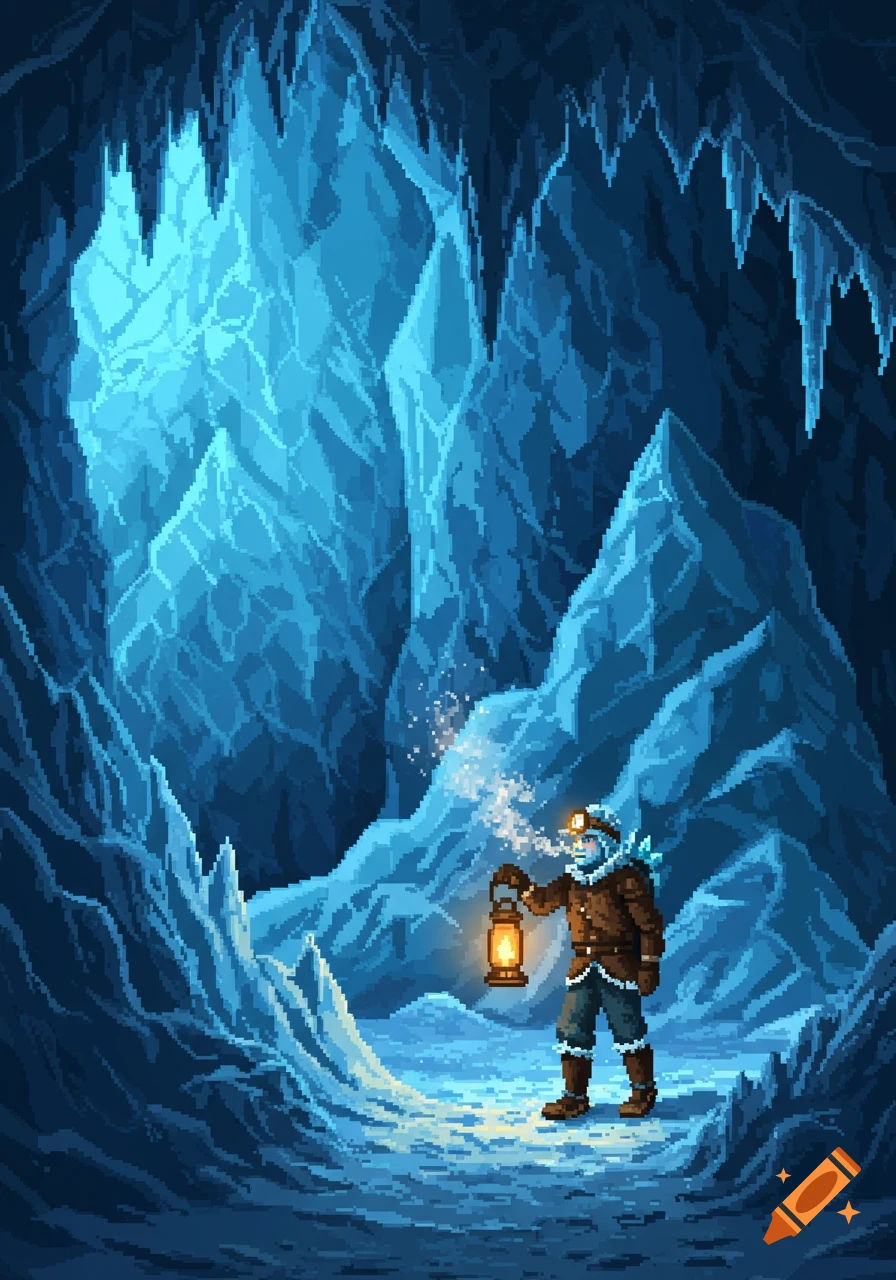 Highly detailed pixel art of a glacier explorer with a lantern in a blue ice cavern.