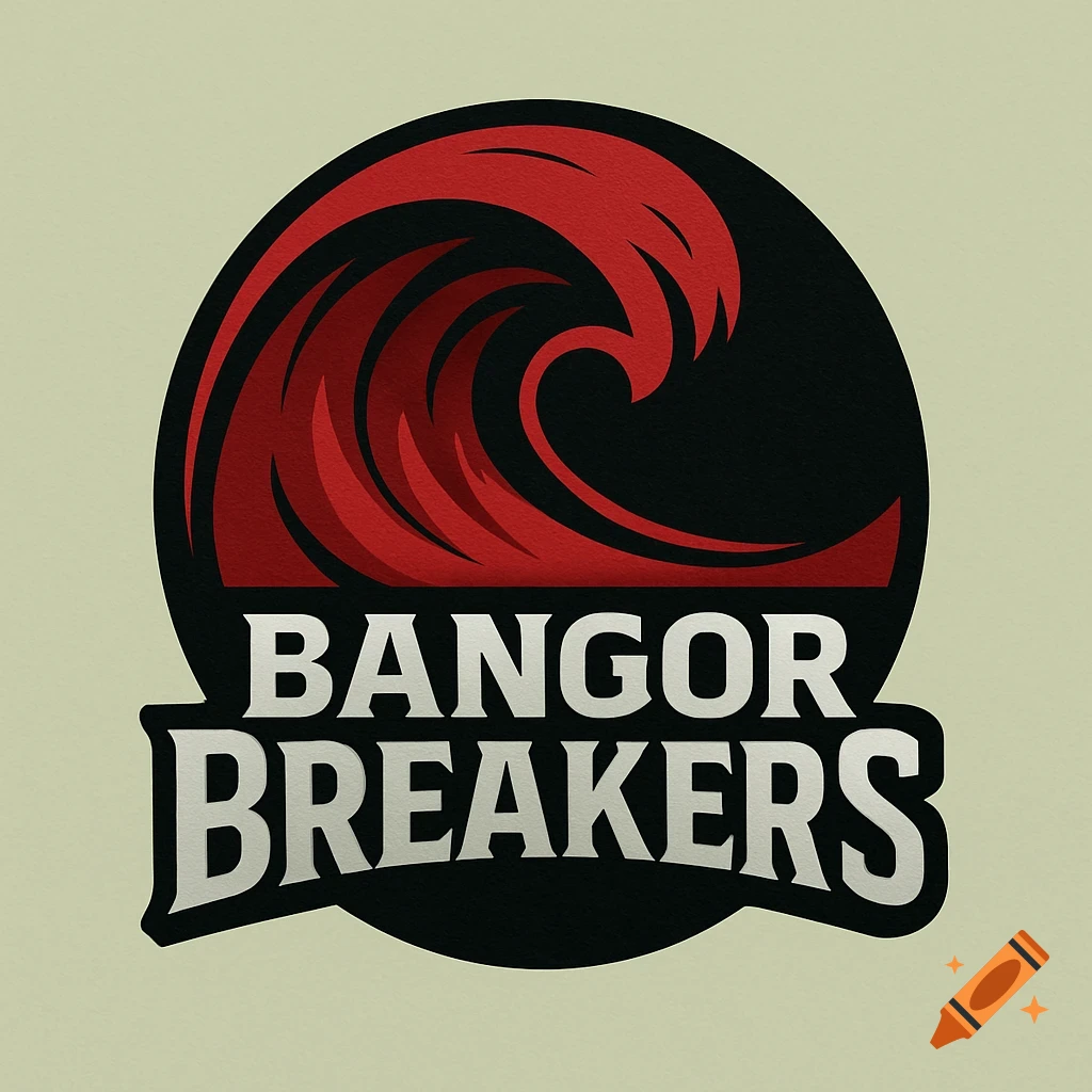 A round logo featuring a red tidal wave over the silver text 'Bangor Breakers' on a black background, with a pale green backdrop.