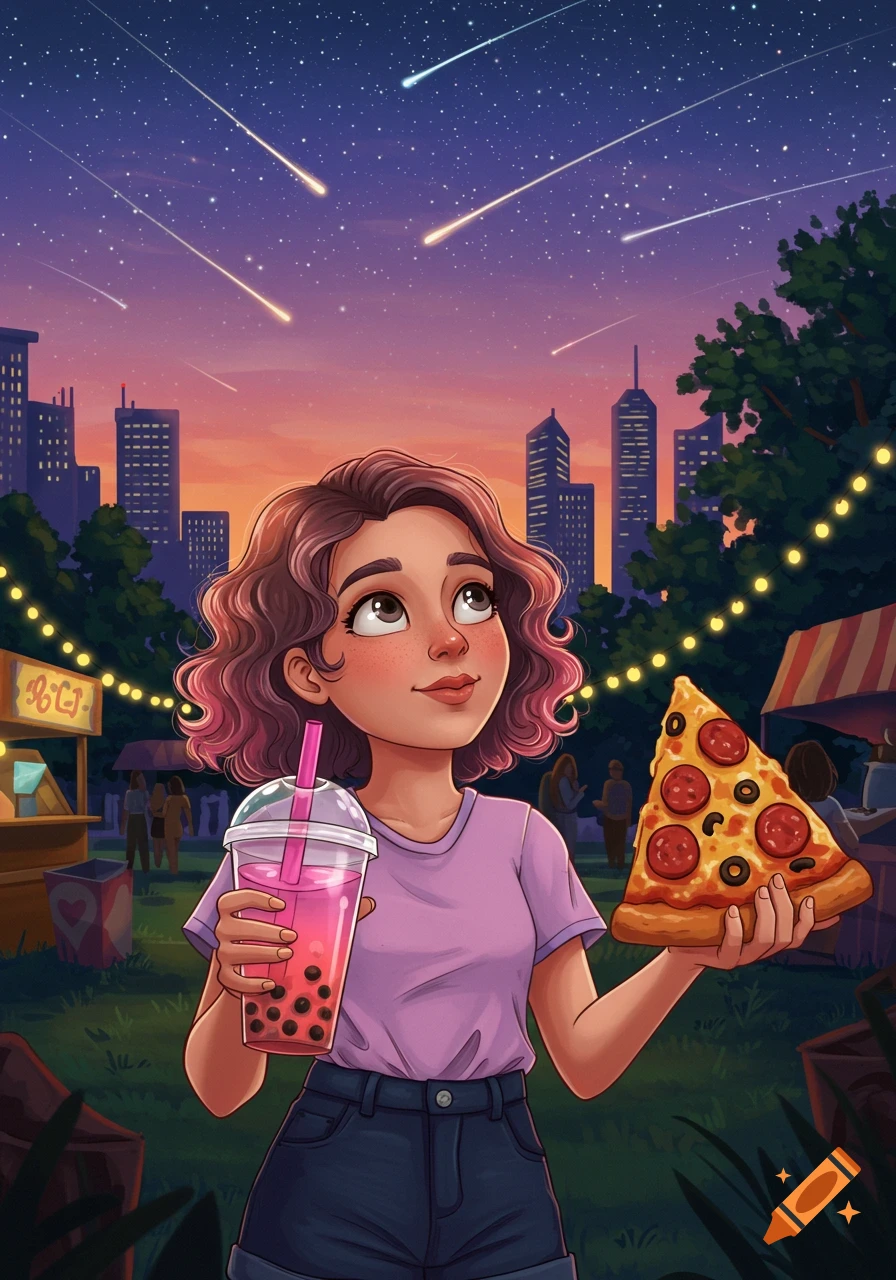 A whimsical cartoon girl holds a boba tea and pizza slice, looking up at a starry night sky with shooting stars over a city.