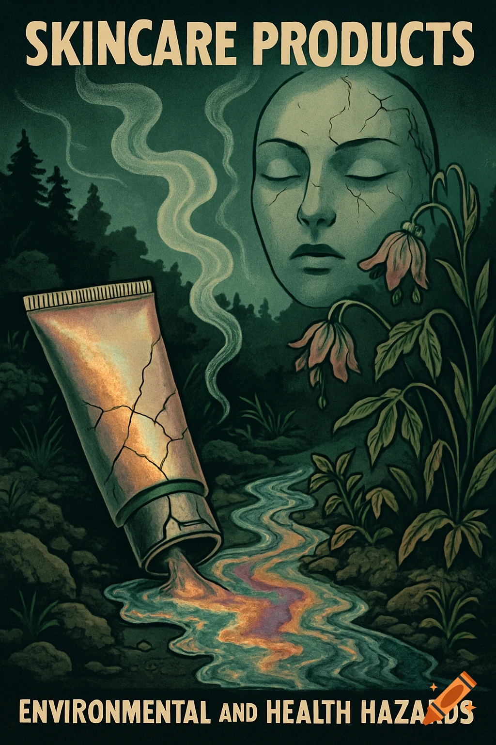 Stylized poster art depicting a cracked skincare product tube spilling colorful liquid into a stream, with a cracked face and text about environmental and health hazards.