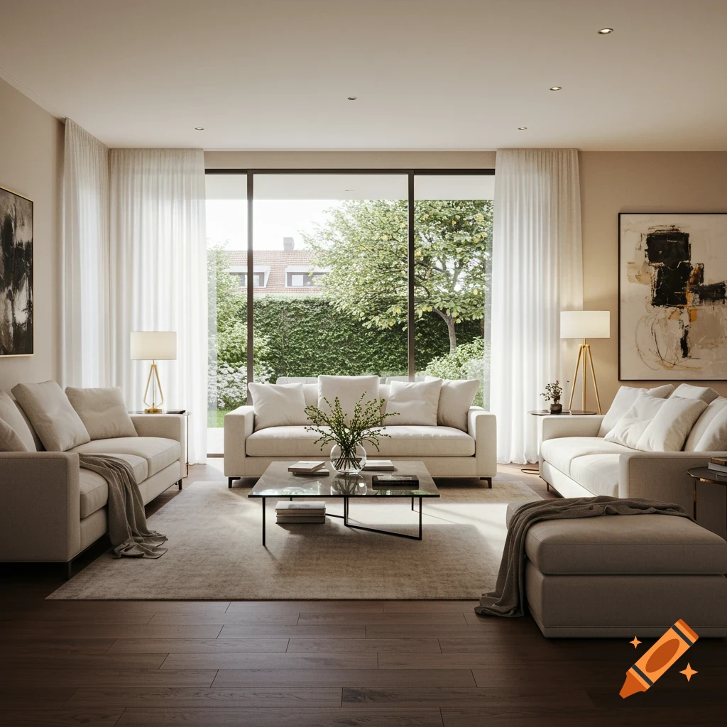 A bright, modern living room with two beige sofas, a glass coffee table, and large windows overlooking a green garden.