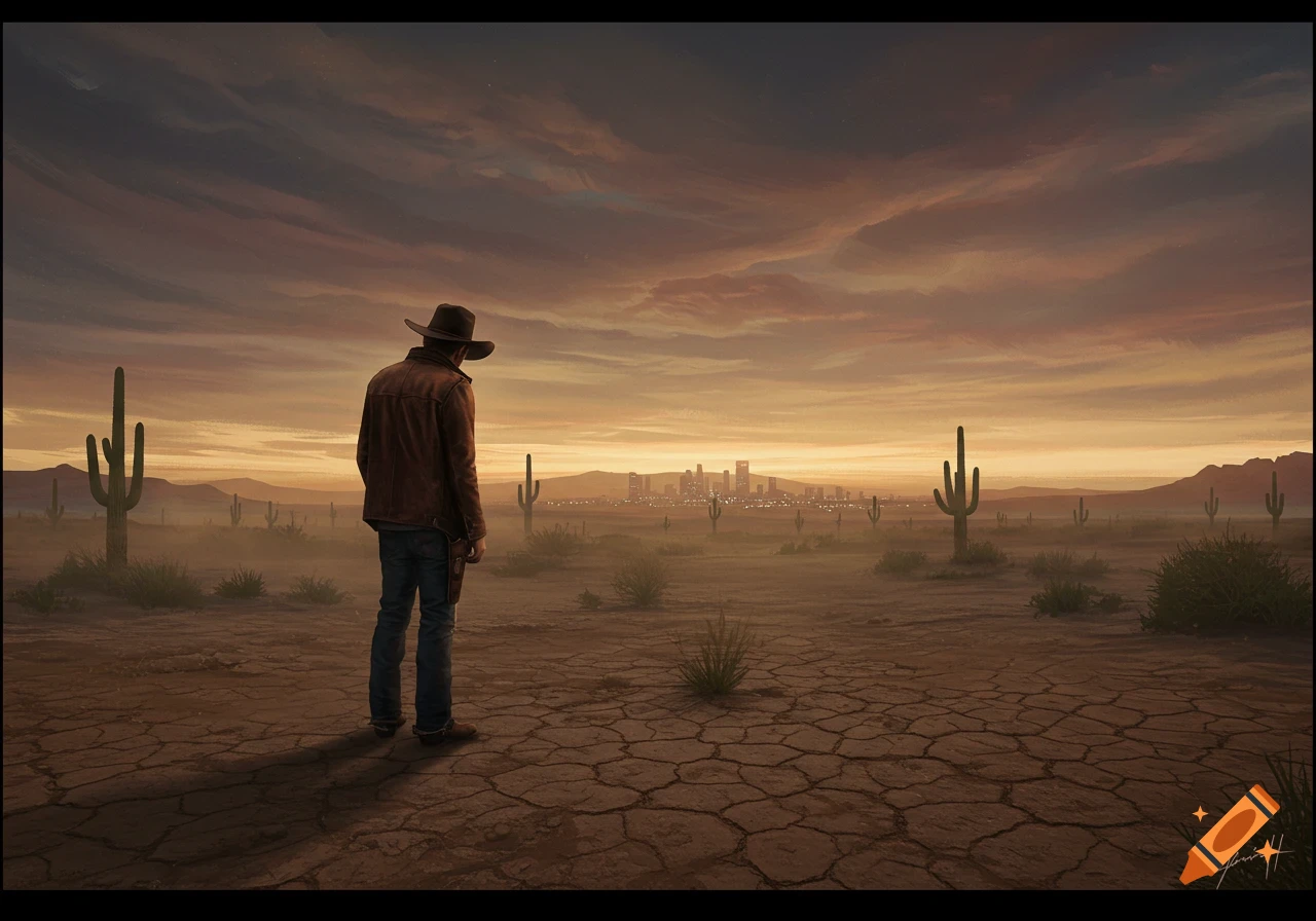 A lone cowboy stands in a cracked desert with cacti, gazing at a distant city skyline at sunset, digital painting.