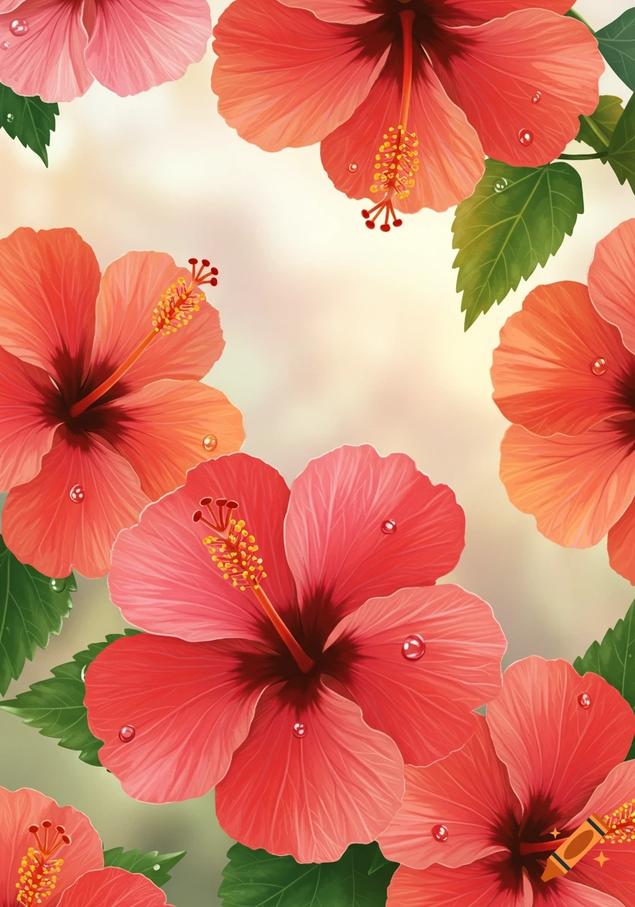 Vibrant red and pink hibiscus flowers with green leaves and water droplets on a blurred light background, creating a floral pattern.