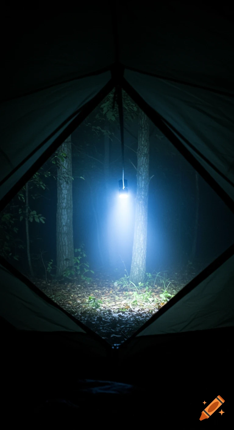 POV from inside a tent at night, a bluish-white flashlight beam illuminates a foggy, eerie forest with damp trees.