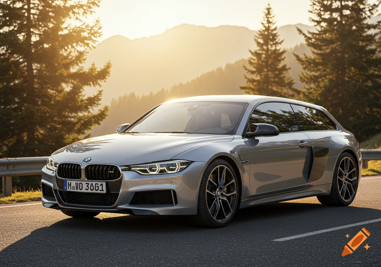 A silver BMW-Audi hybrid sports car, blending M3 Touring and R8 designs, parked on a mountain road at sunset.