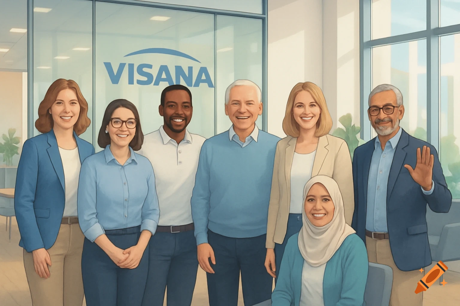 An illustration of a diverse group of smiling employees posing in an office with a Visana logo on the glass wall.