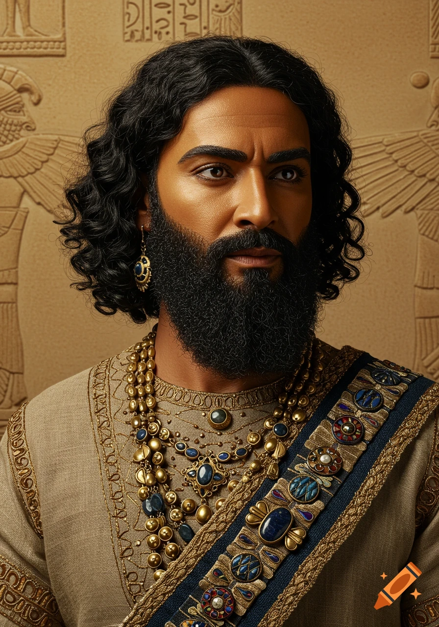Close-up portrait of a dark-skinned, bearded man in ancient Assyrian attire with gold and lapis lazuli jewelry, against a background of ocher bas-reliefs.