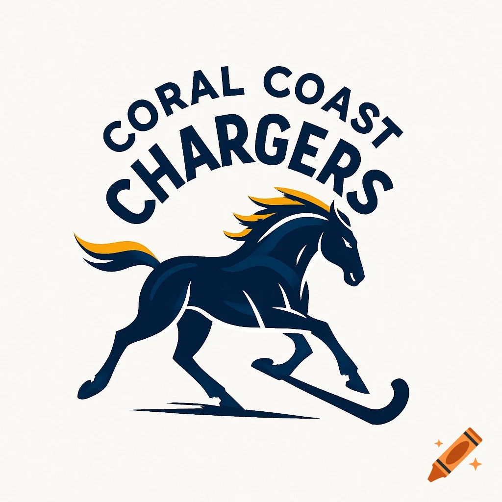 A navy blue, yellow, and white logo featuring a stylized running horse with 'CORAL COAST CHARGERS' text above it.