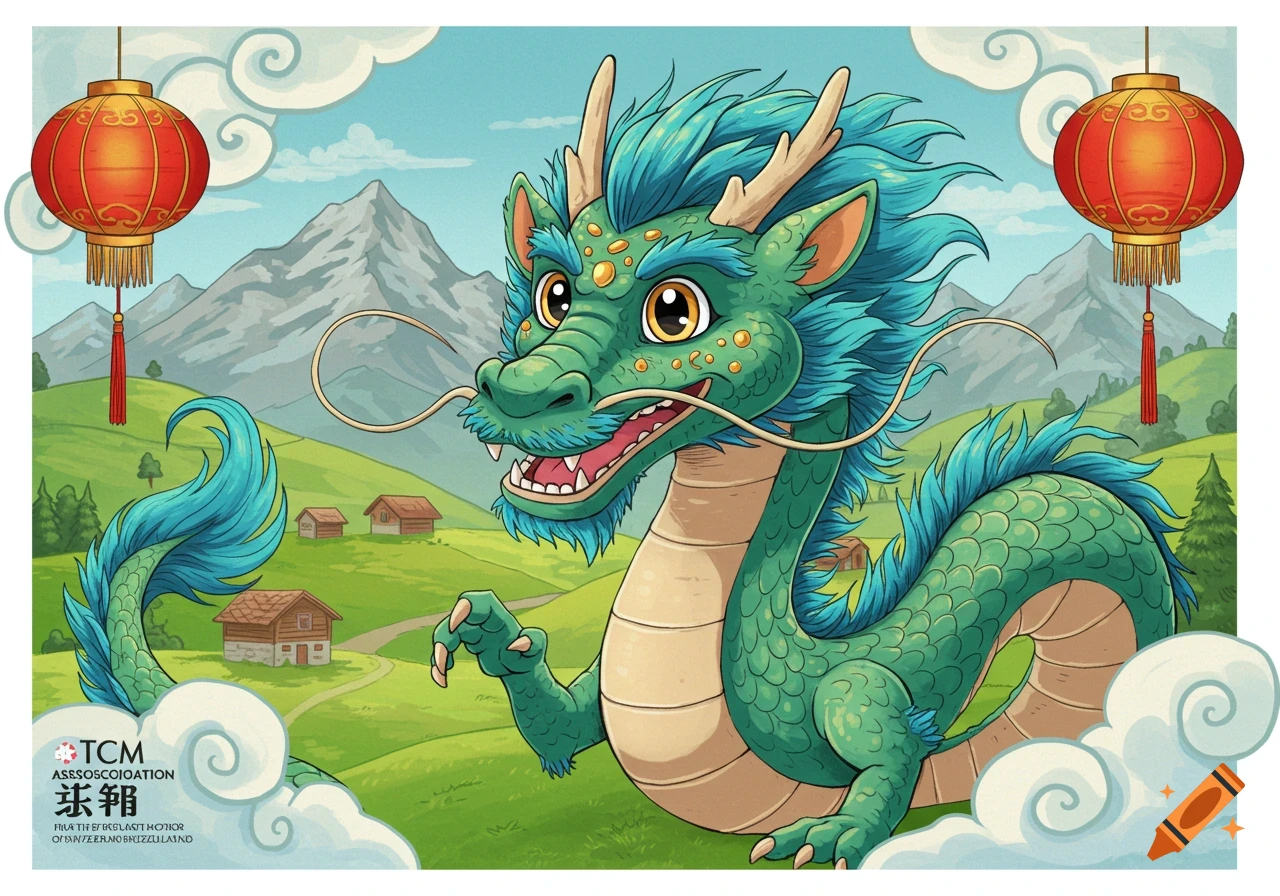 A friendly green cartoon dragon with big eyes and blue mane in a green valley with mountains and red Chinese lanterns.