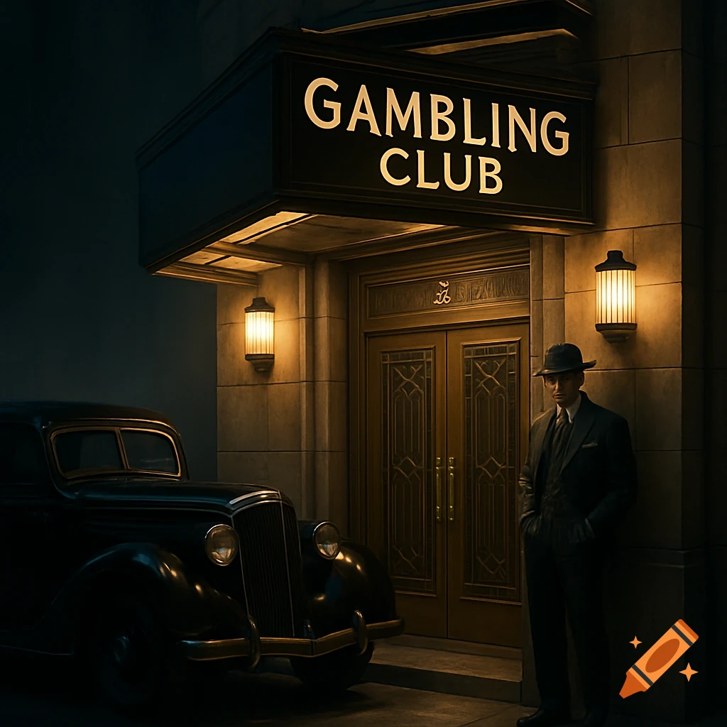 A man in a fedora stands by an elegant Art Deco Gambling Club entrance with a vintage car parked at night, in a film noir style.