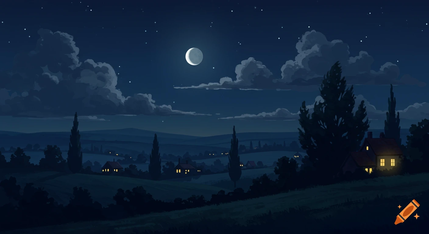 Illustrated twilight landscape with distant hills, a crescent moon, trees, and cottages with lamplit windows.