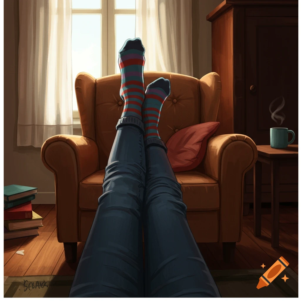 Digital painting of legs in jeans and striped socks resting on an armchair by a window, with books and a steaming mug.