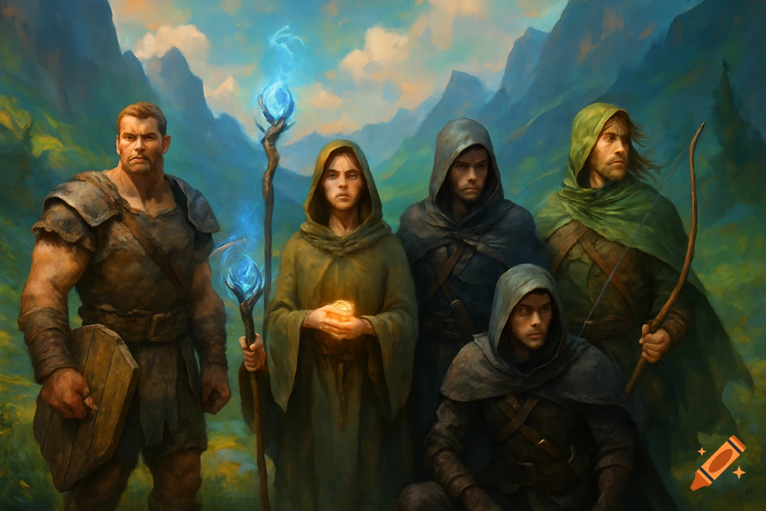 Five fantasy adventurers, including a warrior, mage, and archer, stand in a lush mountainous landscape. Painterly style.