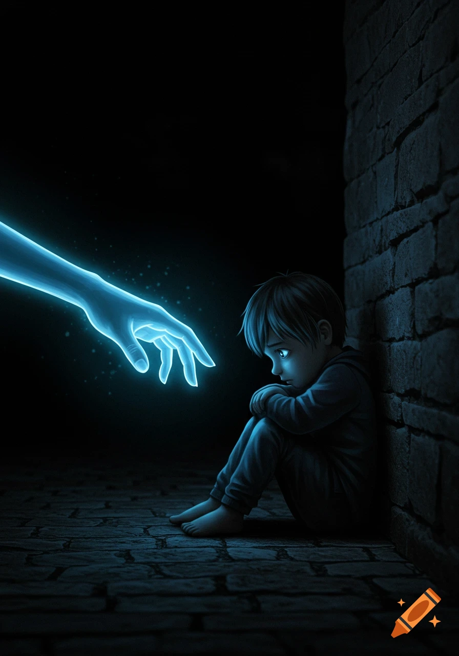 A sad child sits in the dark against a brick wall, while a glowing blue ethereal hand reaches out.