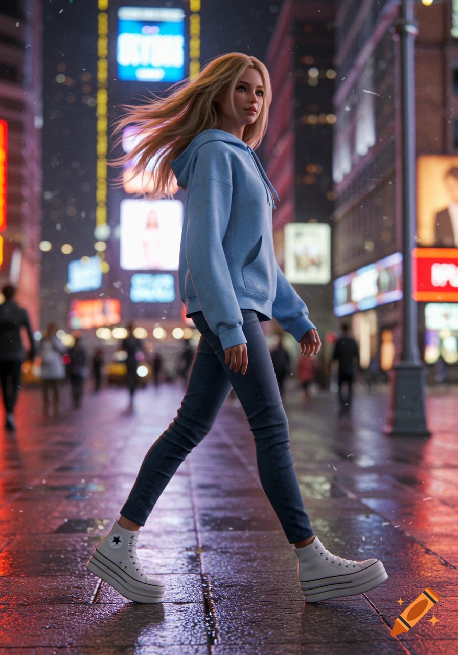 A hyper-realistic image of a blonde woman in a light blue hoodie, jeans, and white platform Converse, walking on a wet city street at night amidst neon signs.