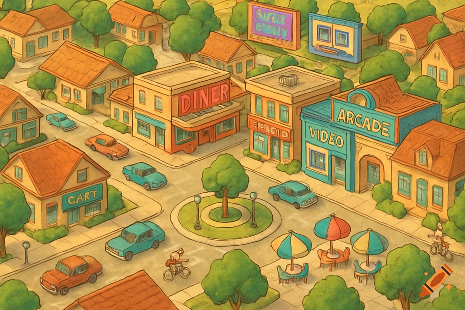 Isometric cartoon town map with a diner, arcade, cars, and houses under a warm, nostalgic light.