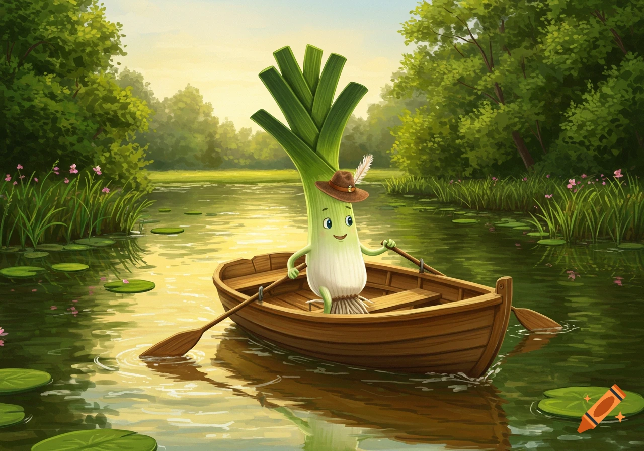 A whimsical cartoon leek wearing a feathered hat rows a wooden boat on a calm river surrounded by lush trees and lily pads.