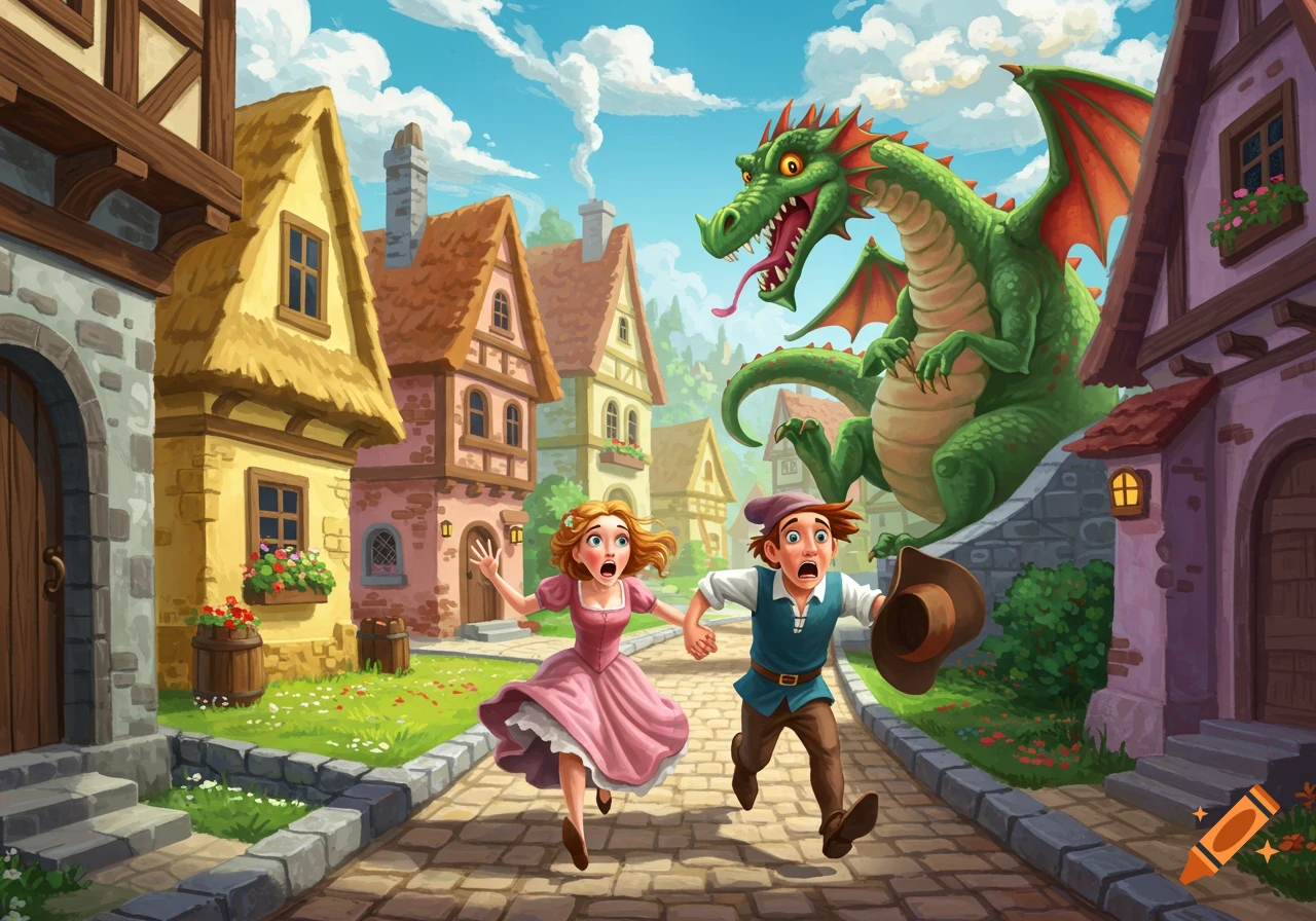A cartoon man and woman run in fear down a cobblestone path in a medieval village, fleeing a large green dragon.
