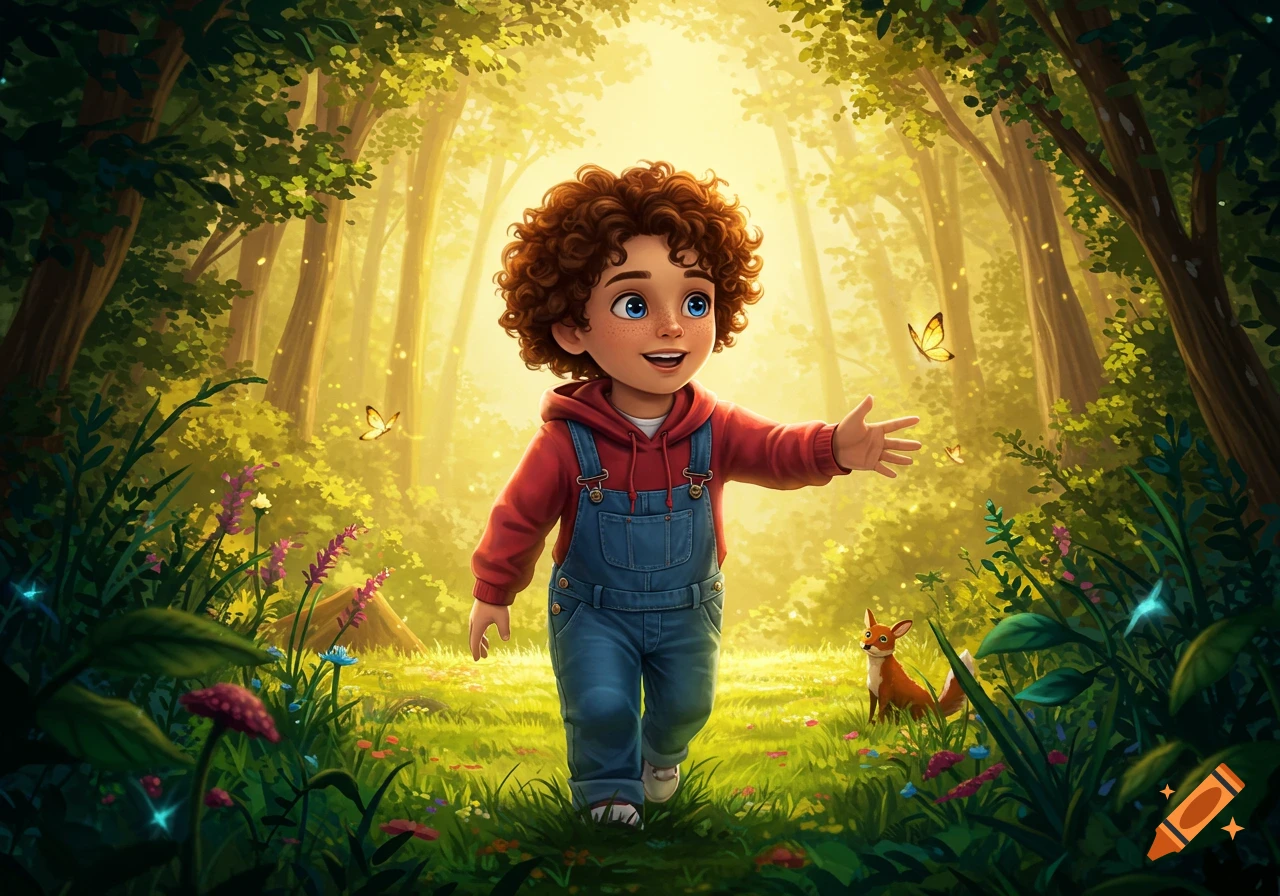 A cheerful, curly-haired boy in overalls reaches for a butterfly in a vibrant, sunlit forest with a fox. Illustration.