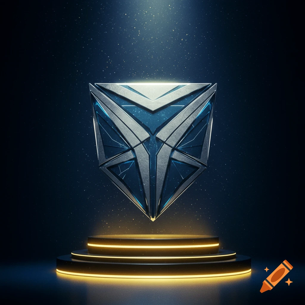 A futuristic metallic shield emblem with blue and silver geometric patterns, glowing on a dark podium under a spotlight.