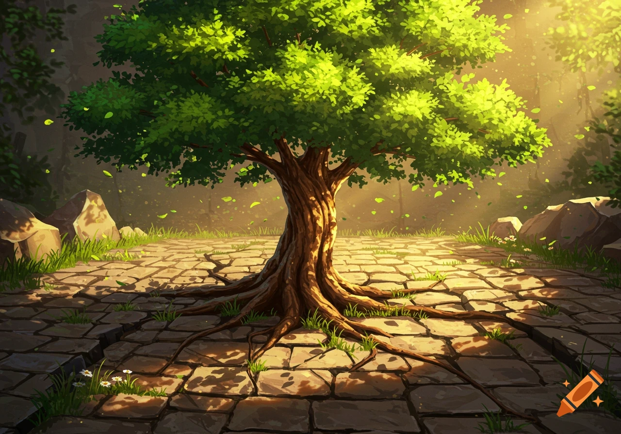 A vibrant digital painting of a large tree with extensive roots growing through a cracked stone path, bathed in golden sunlight.