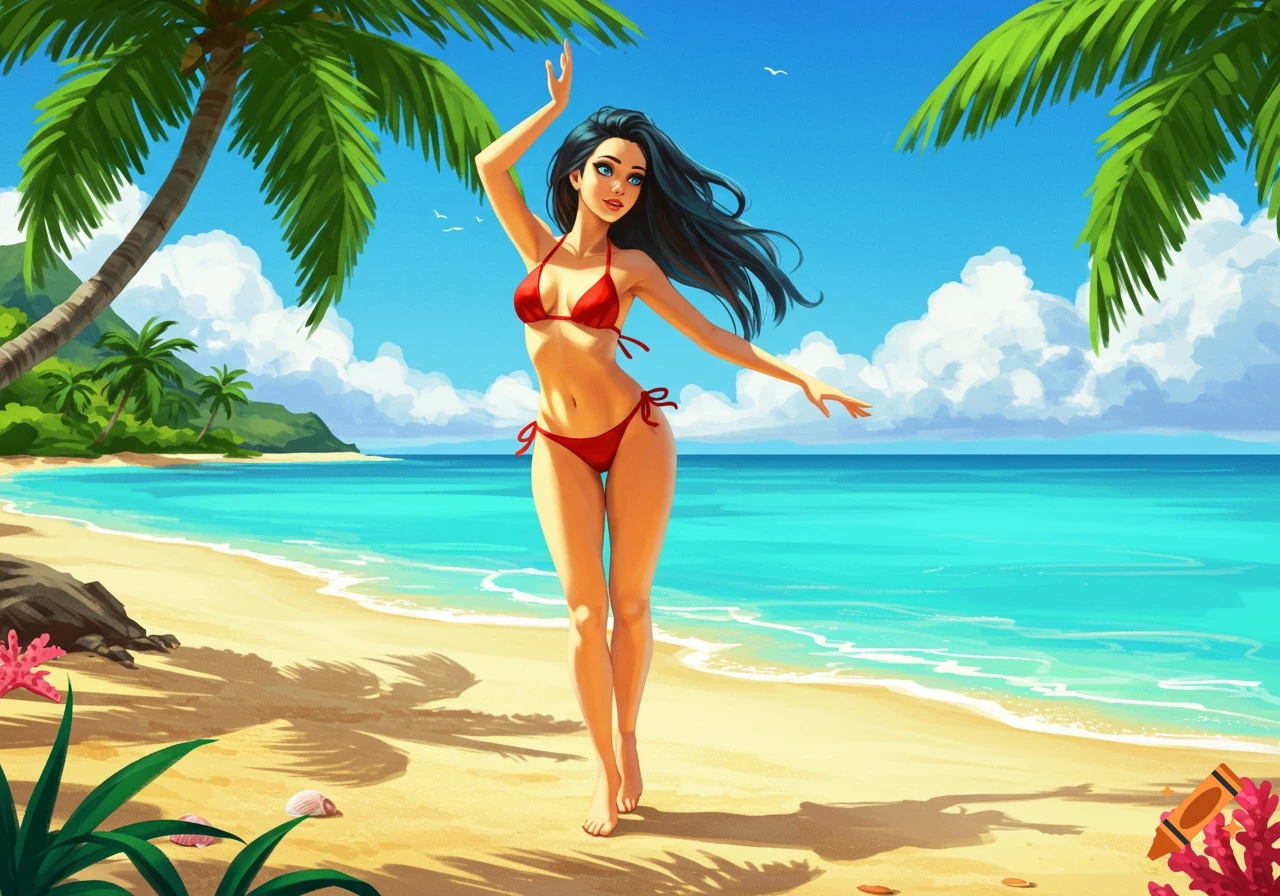 Illustrated woman in a red bikini walking on a sunny tropical beach with palm trees.