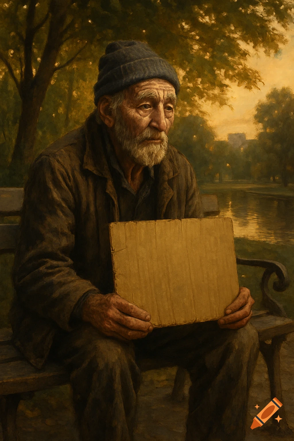 An old man with a beard and a beanie sits on a park bench, holding a blank cardboard sign, in a melancholic painting.