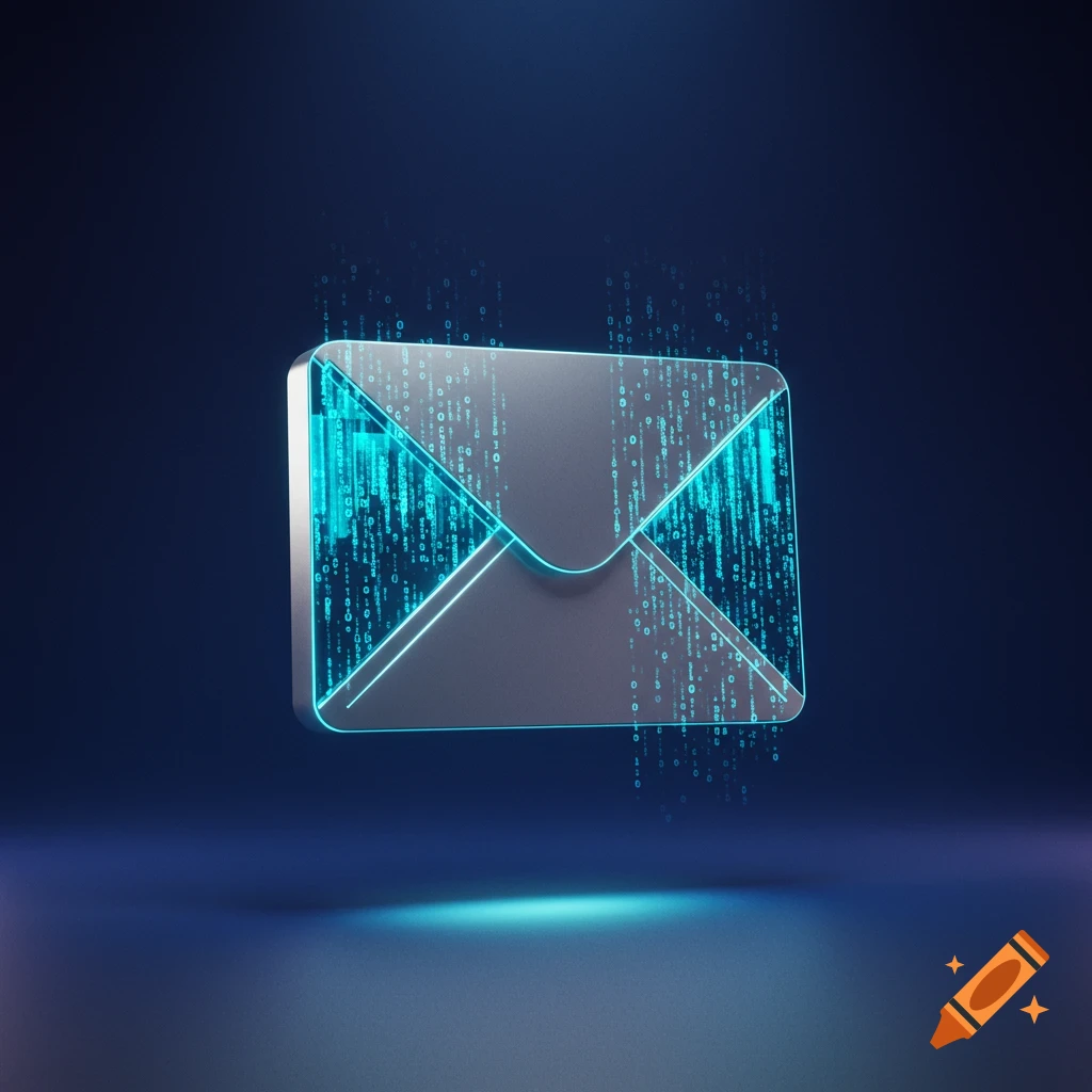 A 3D digital email envelope icon with glowing blue binary code streaming from it on a dark background.