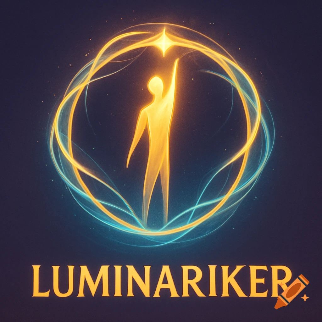 A glowing, stylized human figure reaches for a star, surrounded by golden and blue light rings, with 'LUMINARIKER' text below.