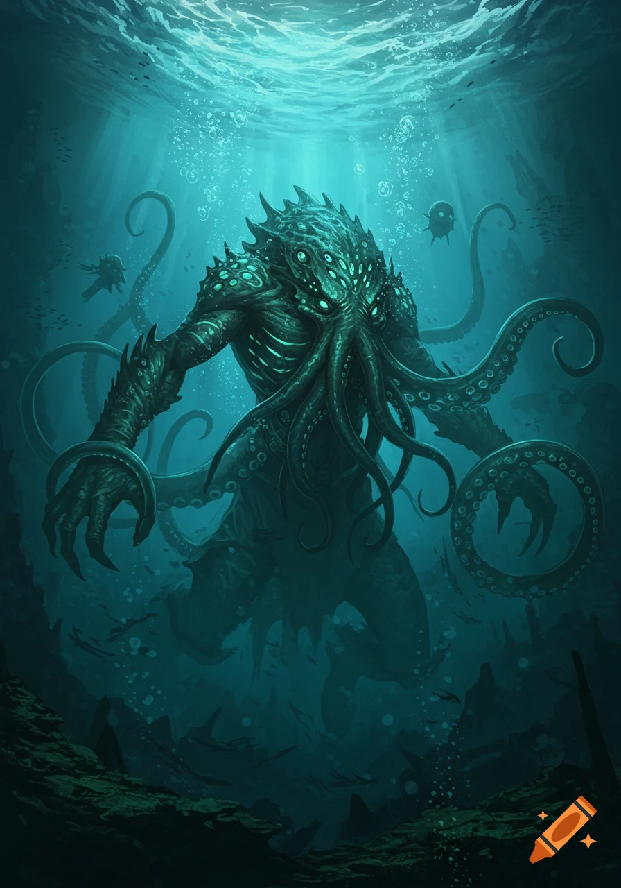 A giant, dark green, tentacled, multi-eyed Cthulhu-like monster with glowing accents swims in the deep blue ocean, illuminated by light rays from above.